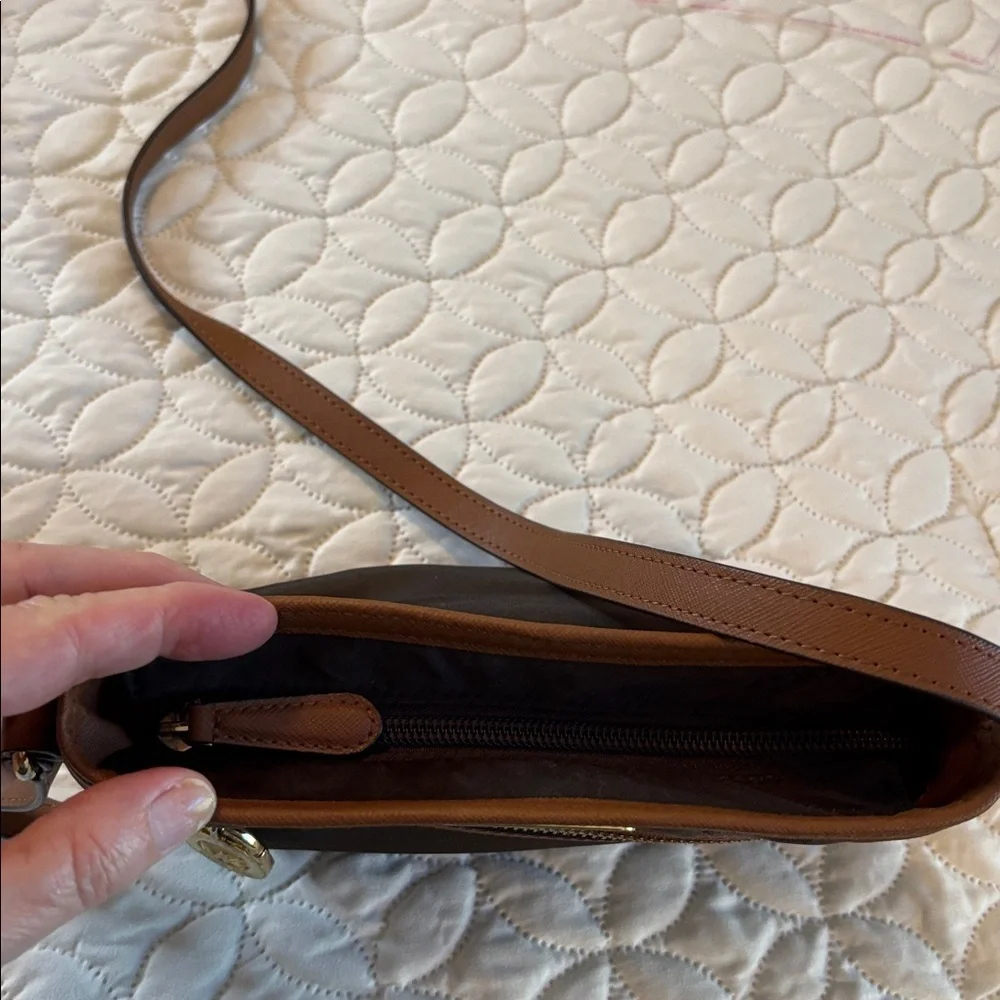Michael Kors Two Tone Brown Crossbody Bag with Leather and Brass Accents Small